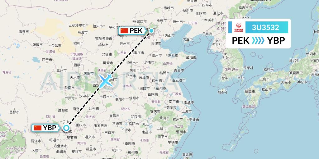 3U3532 Sichuan Airlines Flight Map: Beijing to Yibin