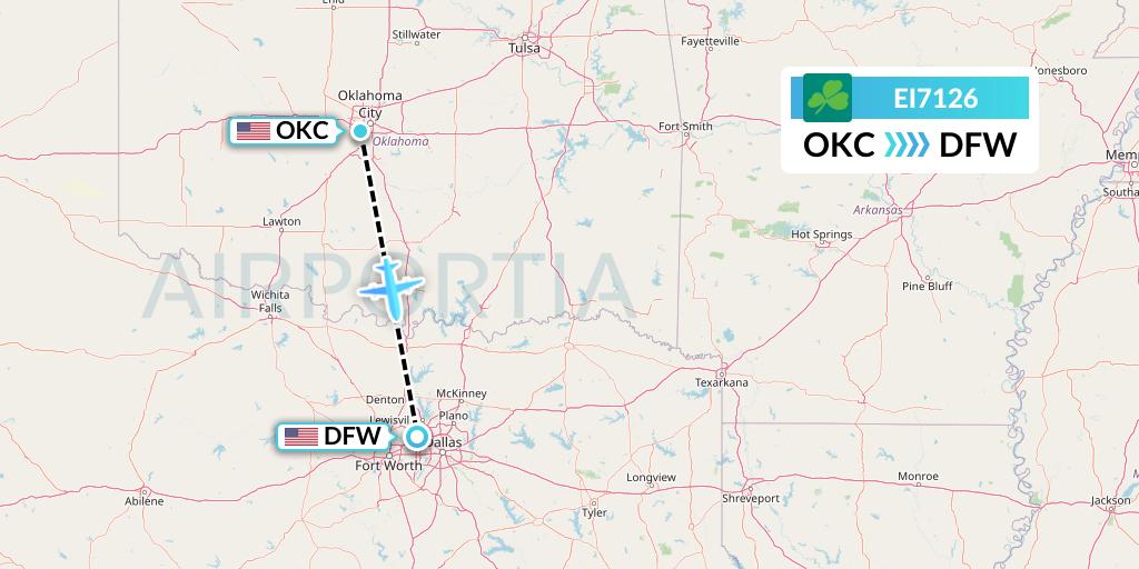 EI7126 Aer Lingus Flight Map: Oklahoma City to Dallas