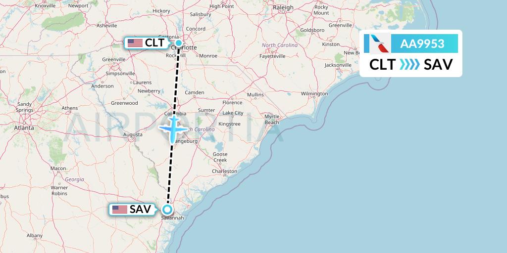 AA9953 American Airlines Flight Map: Charlotte to Savannah