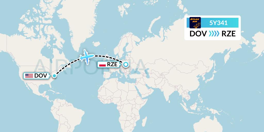 5Y341 Atlas Air Flight Map: Dover-Cheswold to Rzeszow