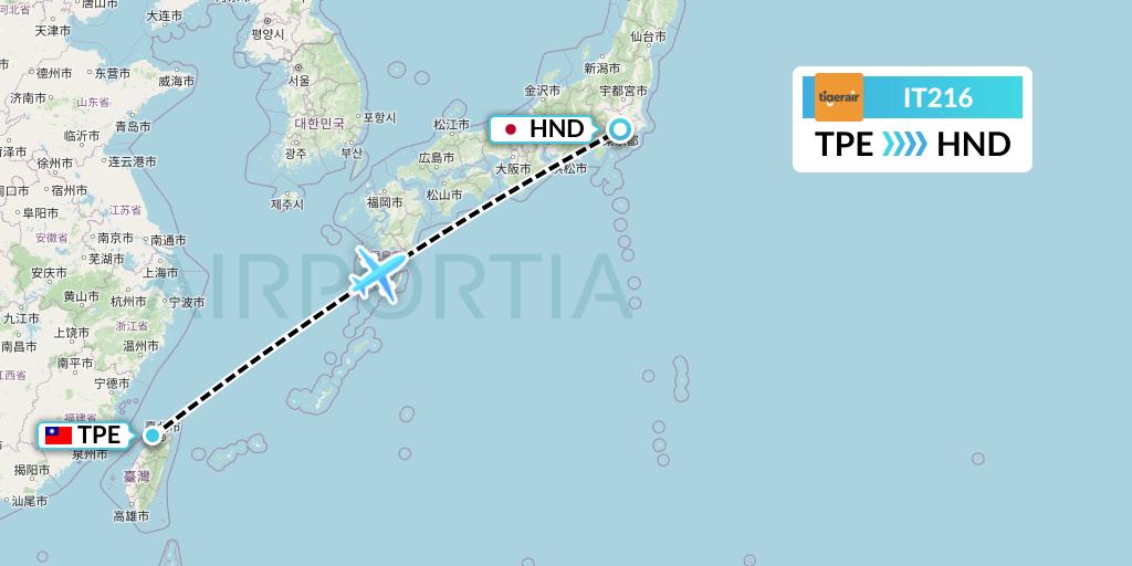 IT216 Tigerair Taiwan Flight Map: Taipei to Tokyo