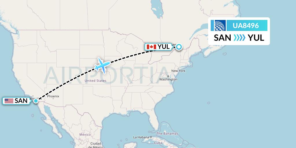 UA8496 United Airlines Flight Map: San Diego to Montreal