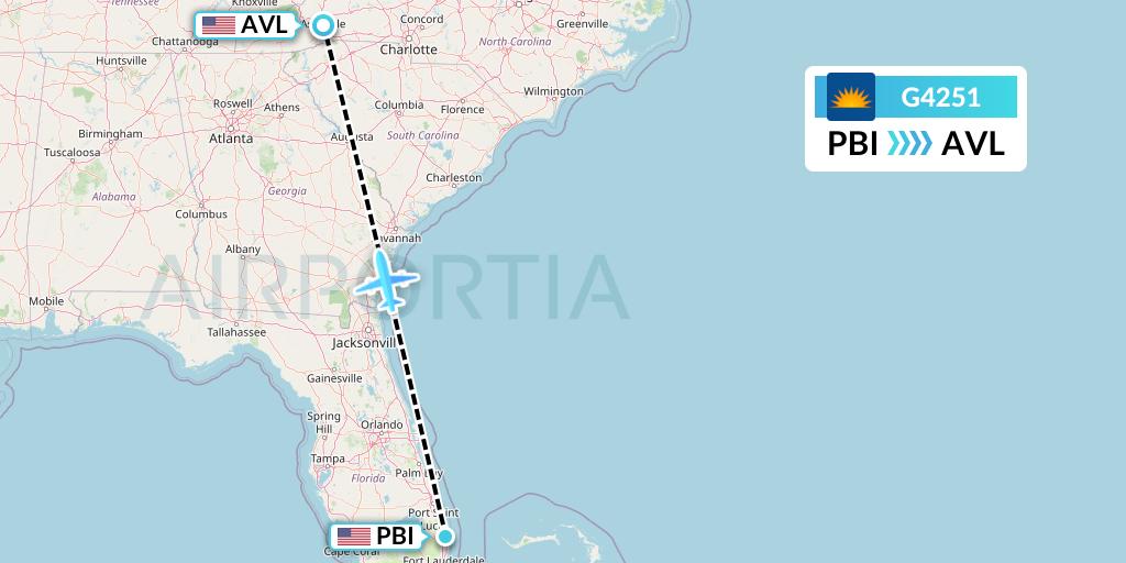 G4251 Allegiant Air Flight Map: West Palm Beach to Asheville