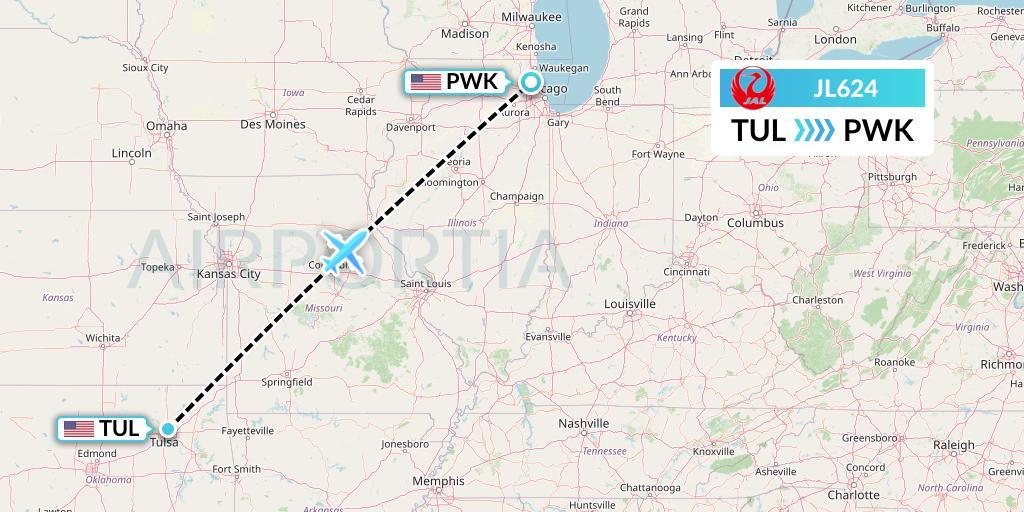 JL624 Japan Airlines Flight Map: Tulsa to Chicago