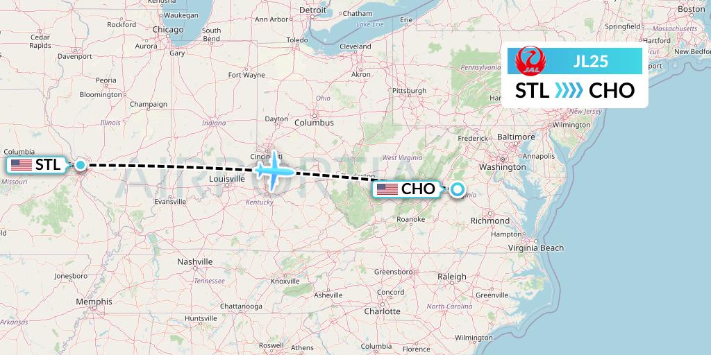 JL25 Japan Airlines Flight Map: St. Louis to Charlottesville