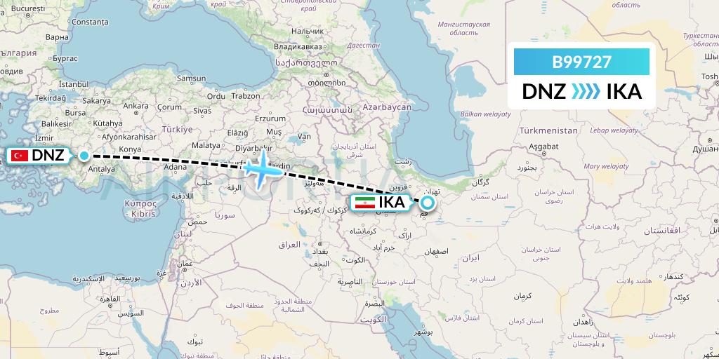 B99727 Iran Air Tours Flight Map: Cardak to Tehran