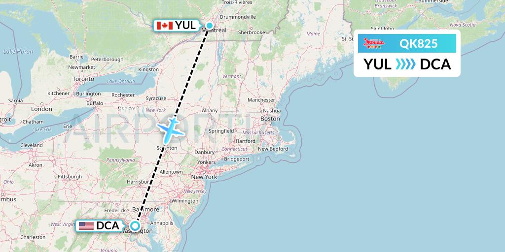 QK825 Jazz Air Flight Map: Montreal to Washington