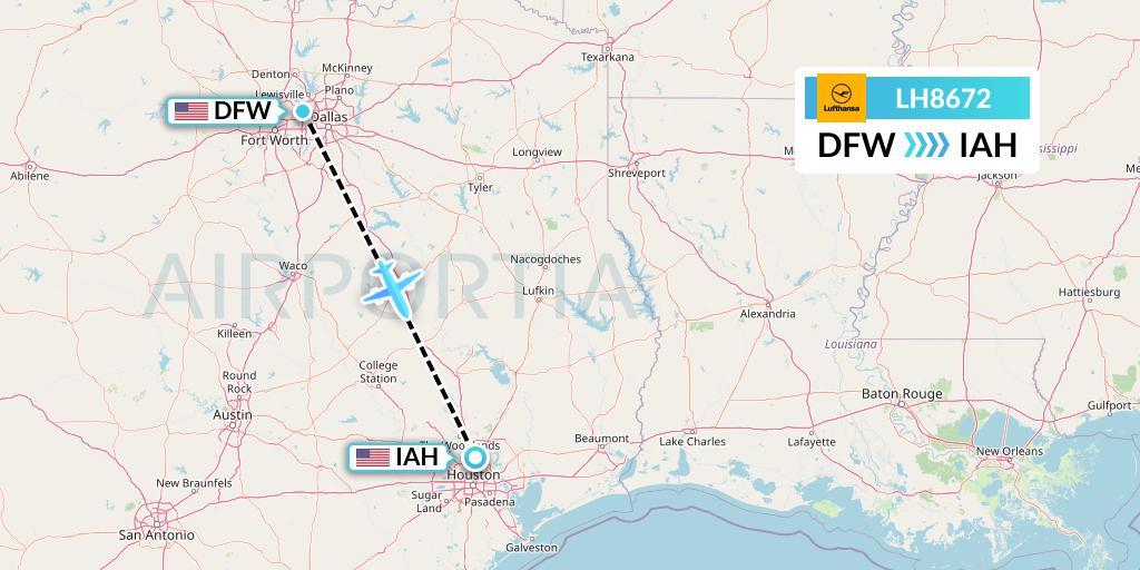 LH8672 Lufthansa Flight Map: Dallas to Houston