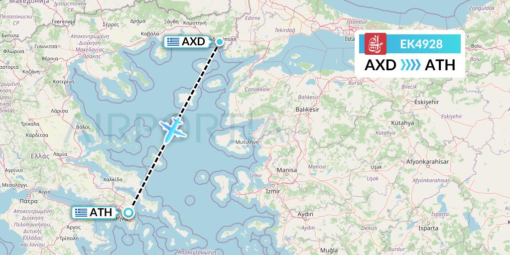 EK4928 Emirates Flight Map: Alexandroupolis to Athens