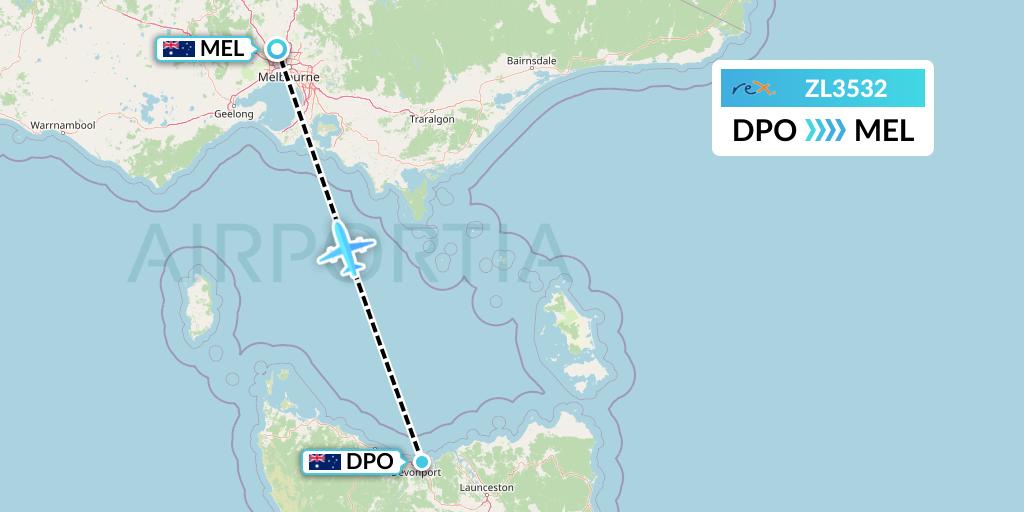 ZL3532 Regional Express Flight Map: Devonport to Melbourne