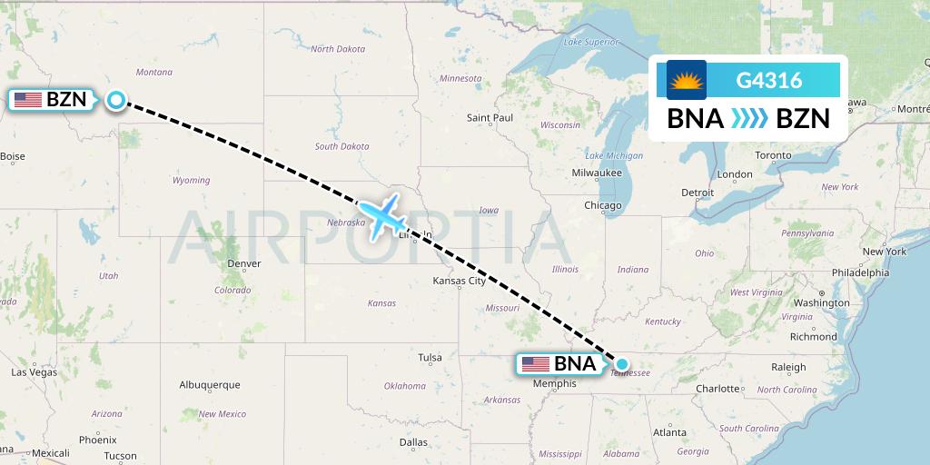 G4316 Allegiant Air Flight Map: Nashville to Bozeman