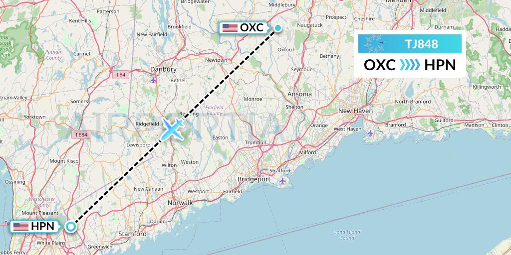 TJ848 Tradewind Aviation Flight Map: Oxford to White Plains