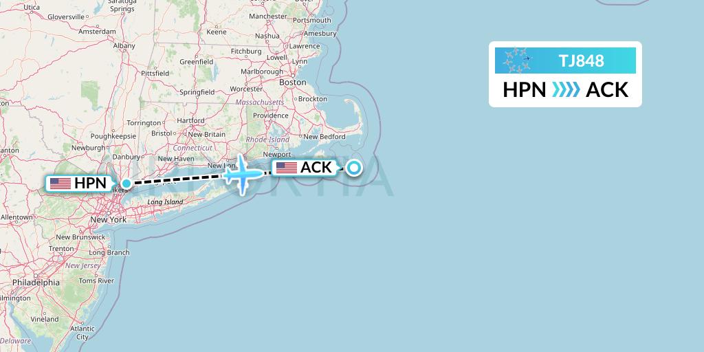 TJ848 Tradewind Aviation Flight Map: White Plains to Nantucket