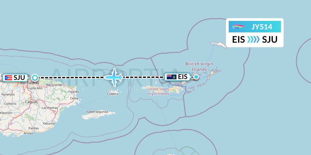 JY514 InterCaribbean Airways Flight Map: Beef Island to San Juan