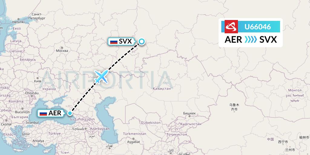 U66046 Ural Airlines Flight Map: Sochi to Yekaterinburg