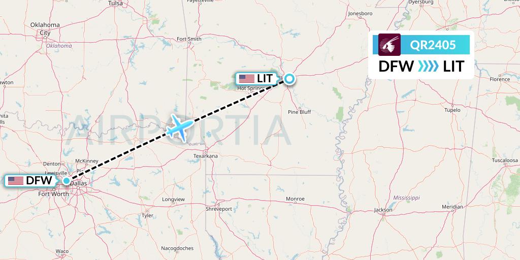 QR2405 Qatar Airways Flight Map: Dallas to Little Rock