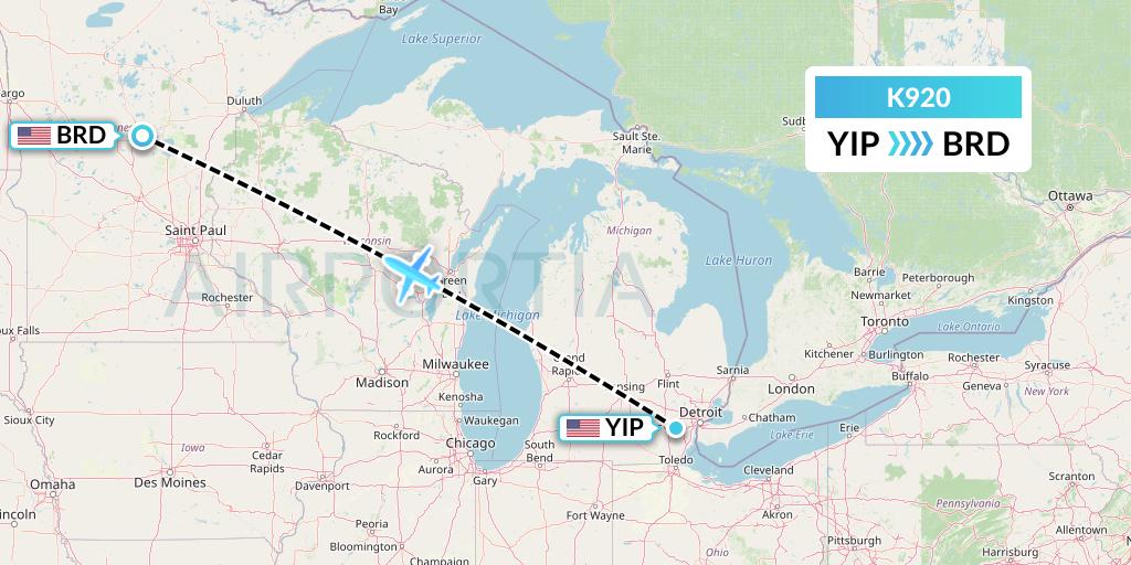K920 Kalitta Charters Flight Map: Detroit to Brainerd