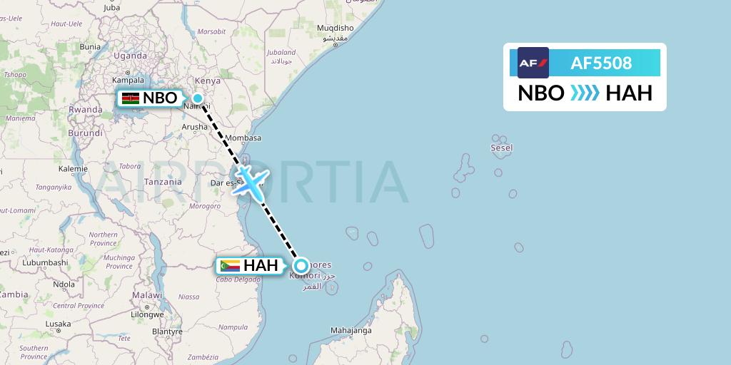 AF5508 Air France Flight Map: Nairobi to Moroni