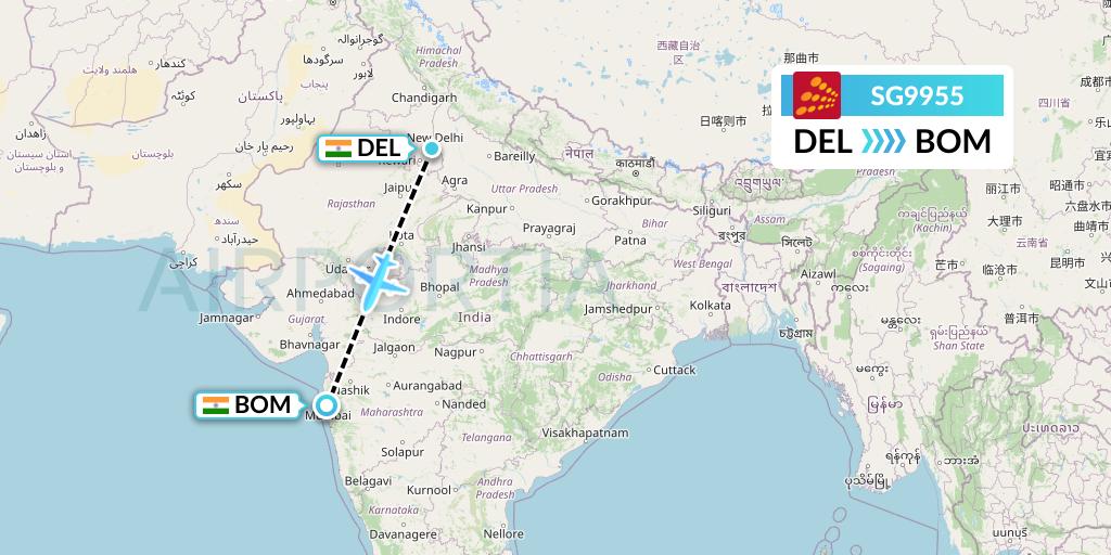 SG9955 SpiceJet Flight Map: Delhi to Mumbai