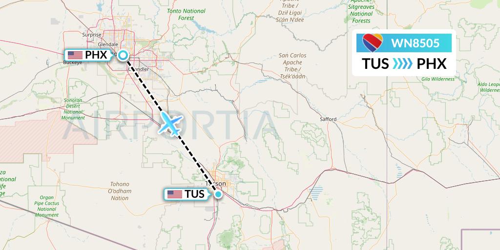 WN8505 Southwest Airlines Flight Map: Tucson to Phoenix