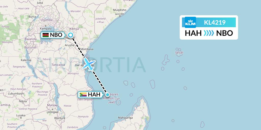 KL4219 KLM Flight Map: Moroni to Nairobi