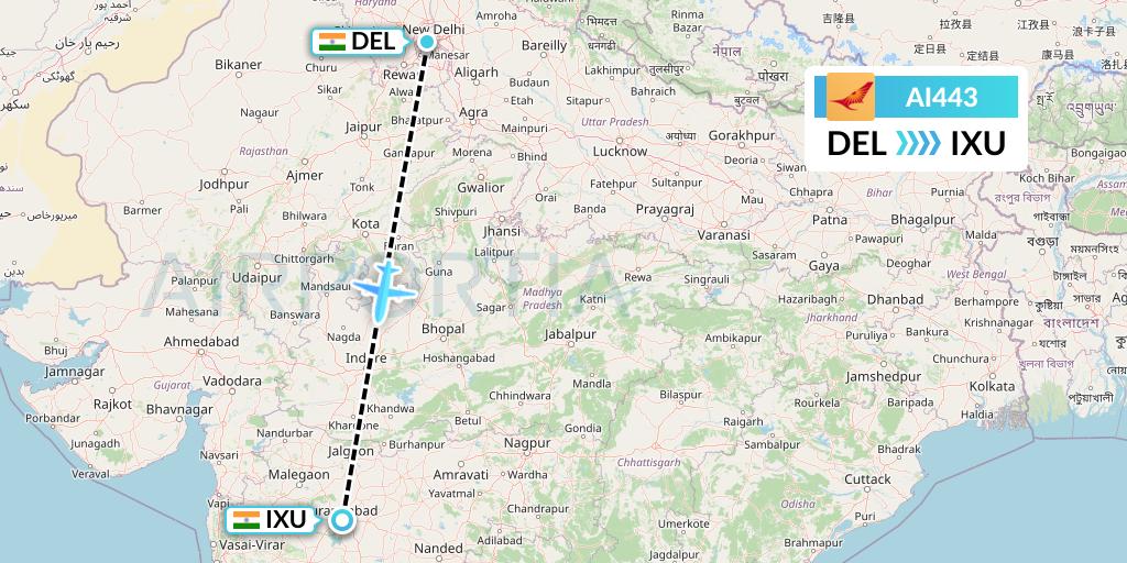 AI443 Air India Flight Map: Delhi to Aurangabad