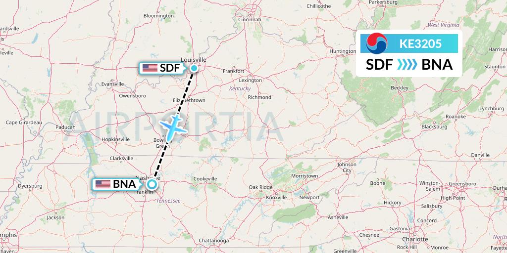 KE3205 Korean Air Flight Map: Louisville to Nashville