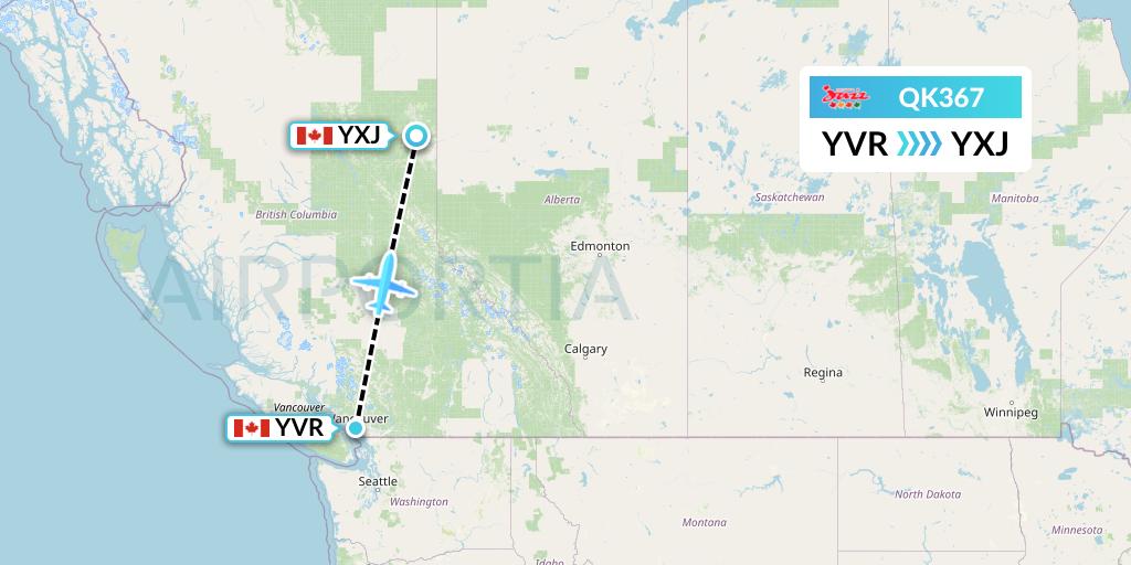 QK367 Jazz Air Flight Map: Vancouver to Fort St. John