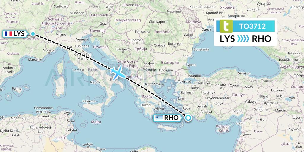 TO3712 Transavia France Flight Map: Lyon to Rhodes