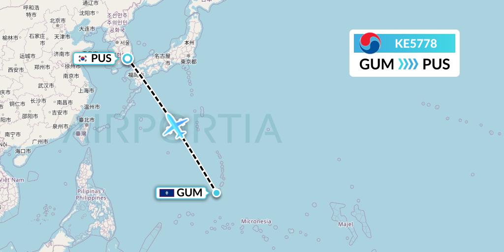 KE5778 Korean Air Flight Map: Guam to Busan
