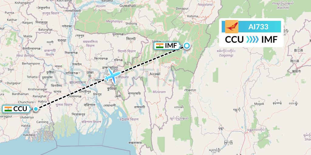 AI733 Air India Flight Map: Kolkata to Imphal