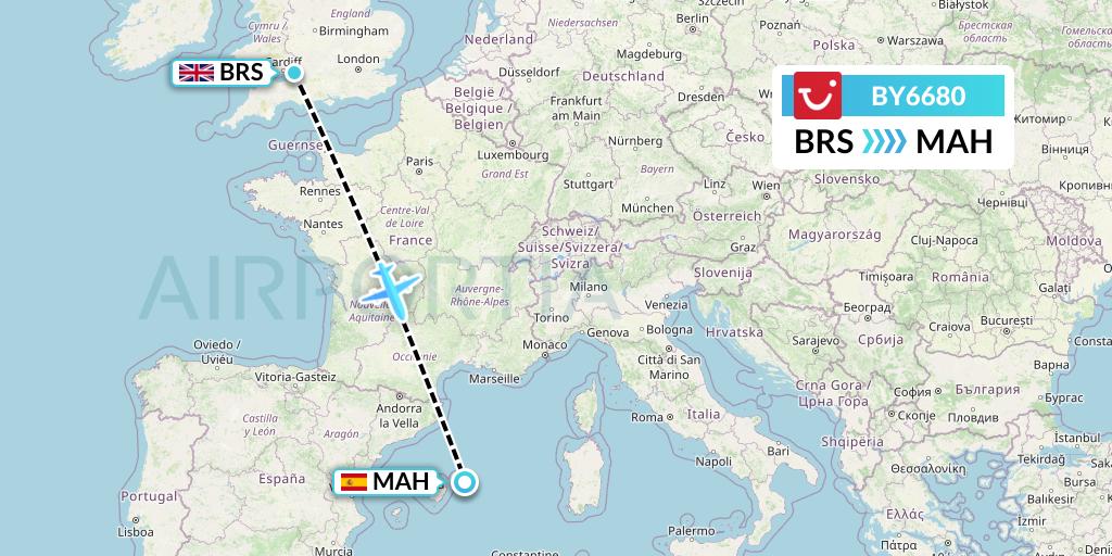 BY6680 TUI Airways Flight Map: Bristol to Mahon