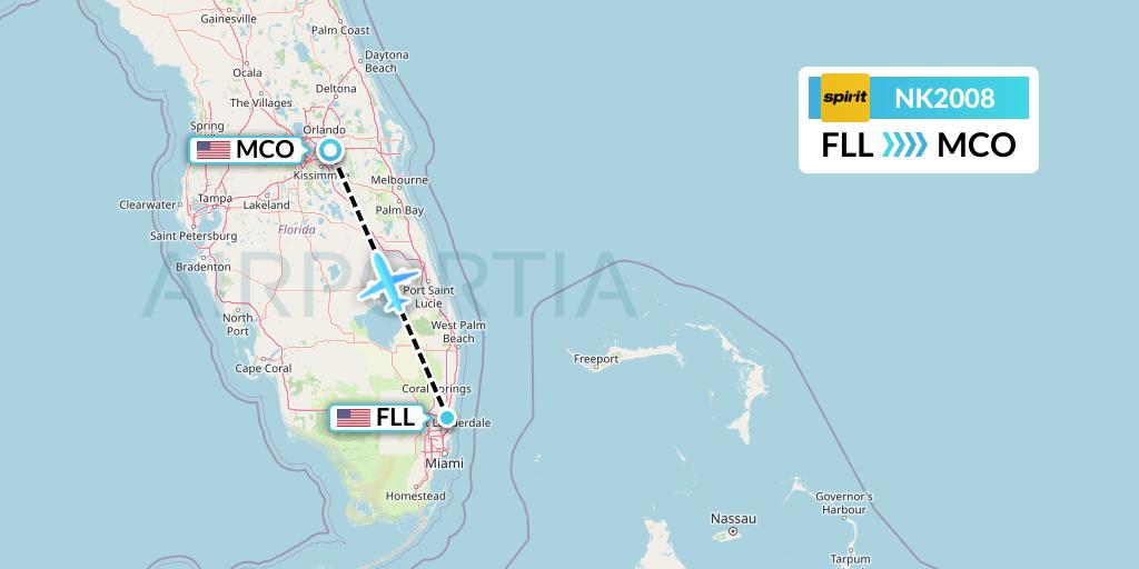 NK2008 Spirit Airlines Flight Map: Fort Lauderdale to Orlando