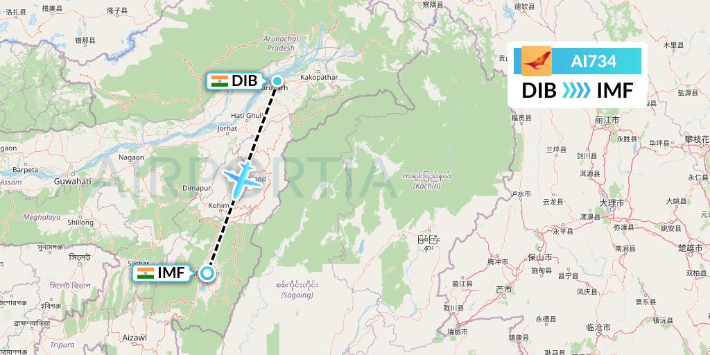 AI734 Air India Flight Map: Dibrugarh to Imphal