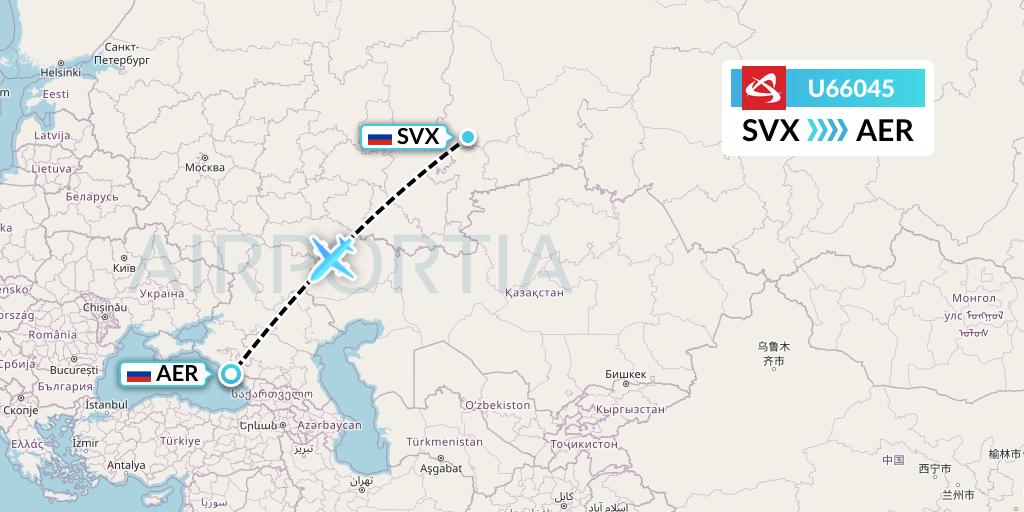 U66045 Ural Airlines Flight Map: Yekaterinburg to Sochi