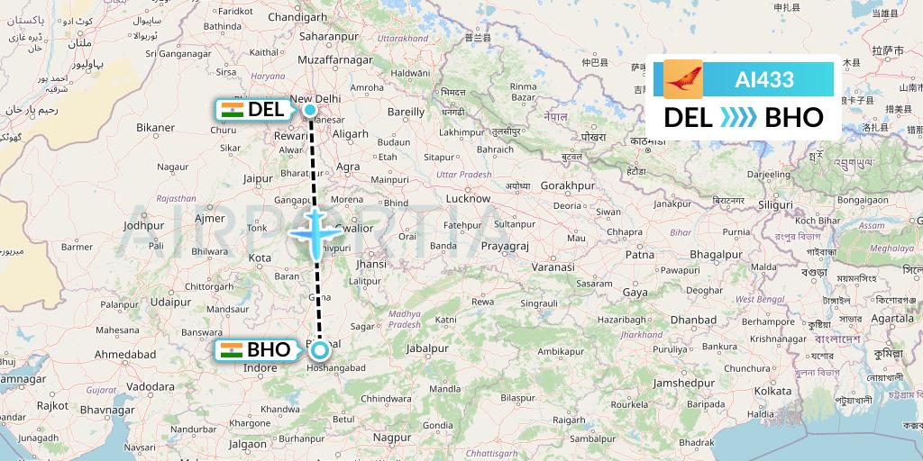 AI433 Air India Flight Map: Delhi to Bhopal