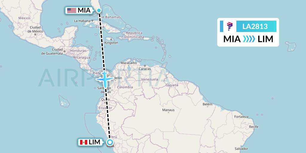 LA2813 LAN Airlines Flight Map: Miami to Lima