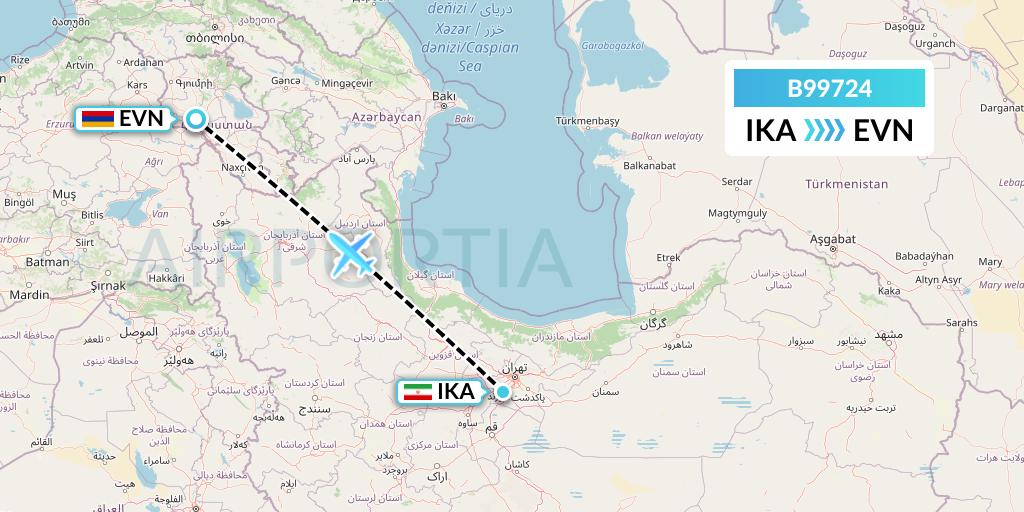 B99724 Iran Air Tours Flight Map: Tehran to Yerevan