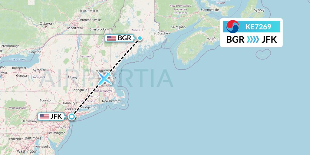 KE7269 Korean Air Flight Map: Bangor to New York