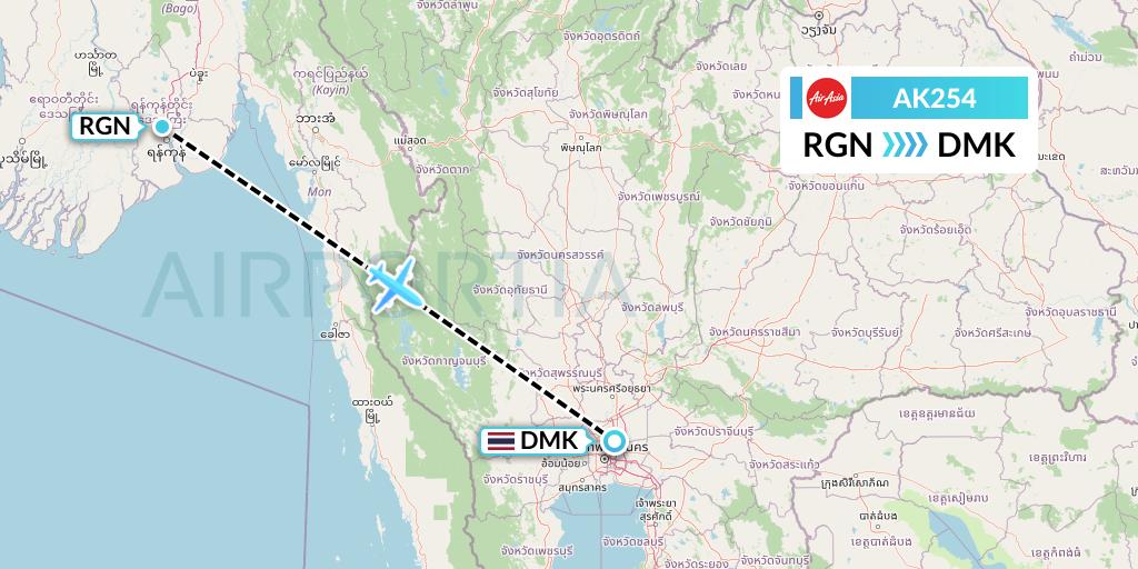 AK254 AirAsia Flight Map: Yangon to Bangkok