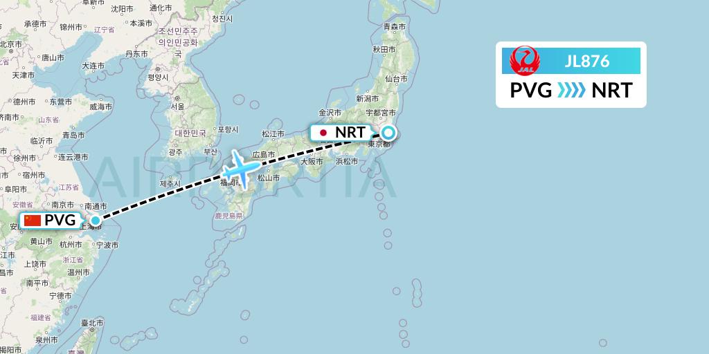 JL876 Japan Airlines Flight Map: Shanghai to Tokyo