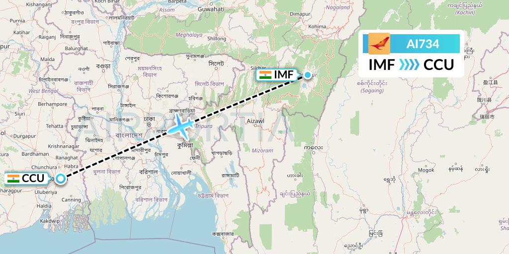 AI734 Air India Flight Map: Imphal to Kolkata