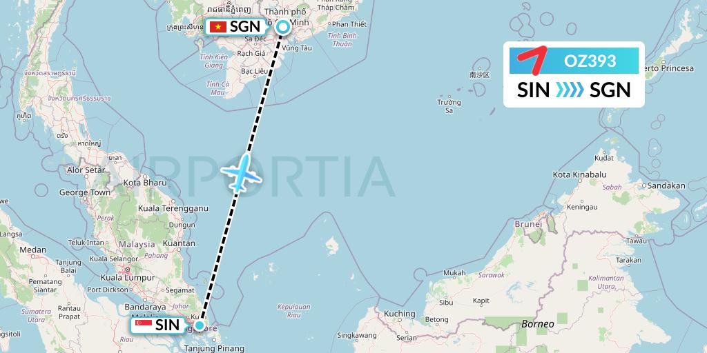 OZ393 Asiana Airlines Flight Map: Singapore to Ho Chi Minh City