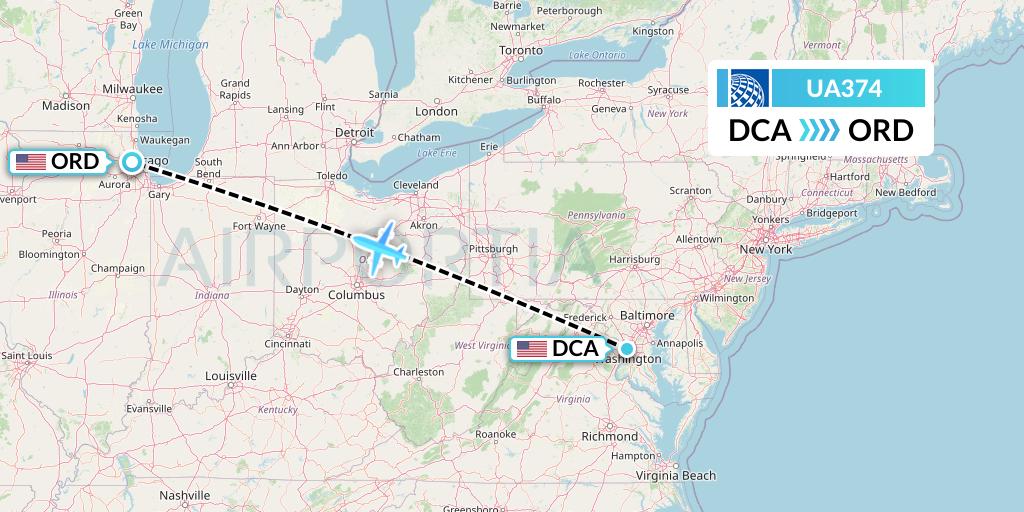UA374 United Airlines Flight Map: Washington to Chicago