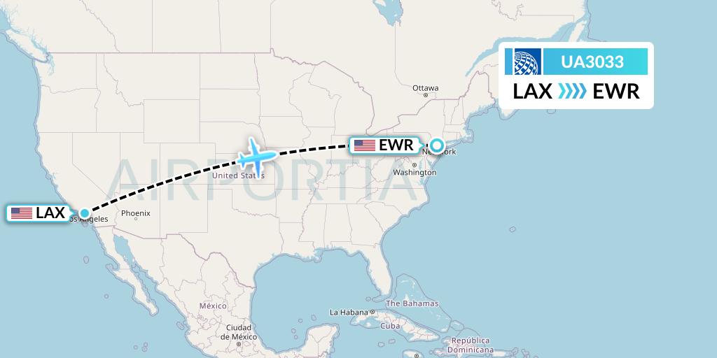 UA3033 United Airlines Flight Map: Los Angeles to New York