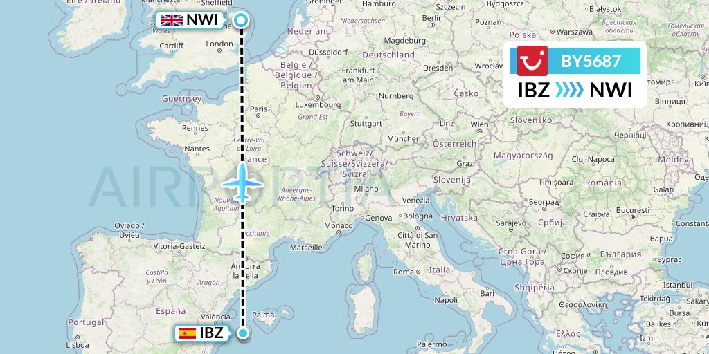 BY5687 TUI Airways Flight Map: Ibiza to Norwich