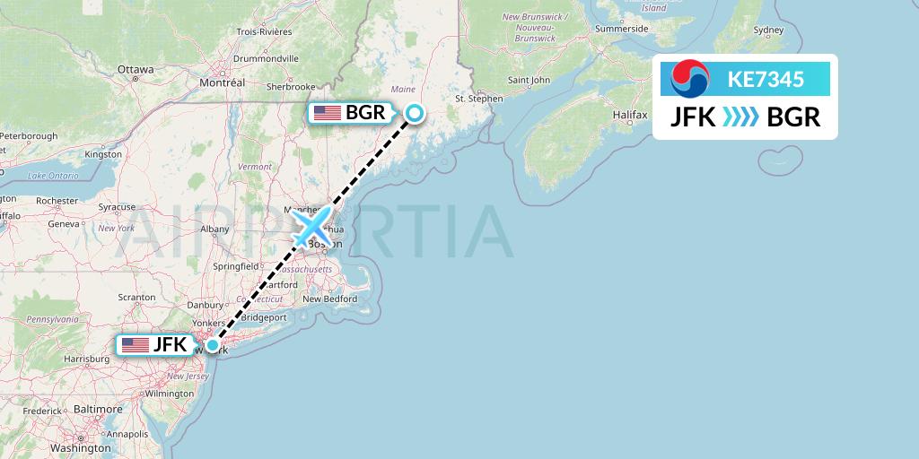KE7345 Korean Air Flight Map: New York to Bangor