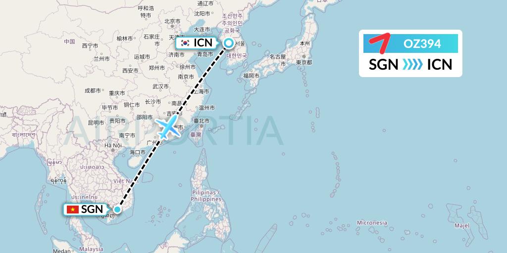 OZ394 Asiana Airlines Flight Map: Ho Chi Minh City to Seoul