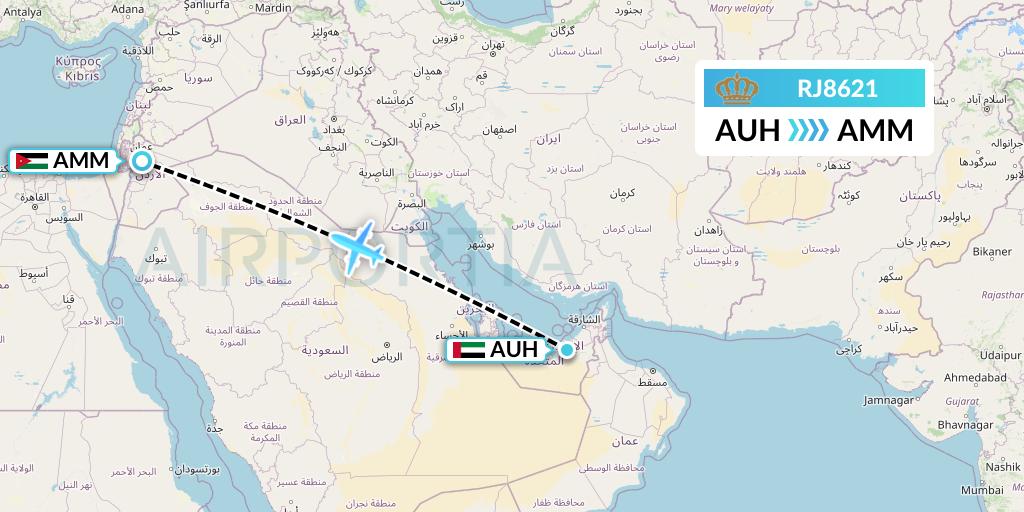 RJ8621 Royal Jordanian Flight Map: Abu Dhabi to Amman