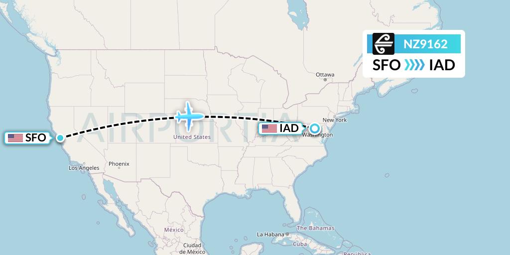 NZ9162 Air New Zealand Flight Map: San Francisco to Washington